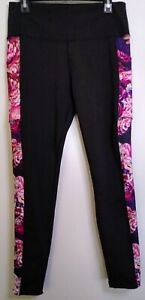 Nicole Miller Woman Active Leggings XL Black/ pink roses with side packets  