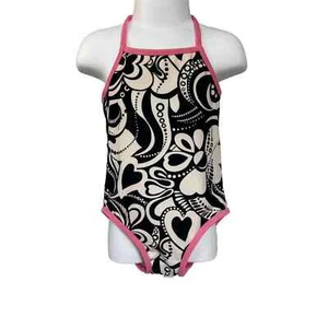 Niñas 3T Circo Hot Rosa Negro y Marfil Geo Floral Halter Traje de Baño de Una Pieza Gemelos - Imagen 1 de 2