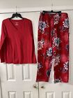 Liz Claiborne Pajama Set Women?S Size M Red Floral Knit/Flannel