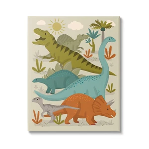 Mixed Dinosaurs Grazing Wildlife Botanicals Sunny Day Canvas Wall Art, 16 X 20, - Picture 1 of 12