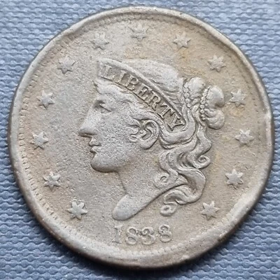 1838 Coronet Head Large Cent 1c Better Grade VF Details #82342 - Image 1 of 2