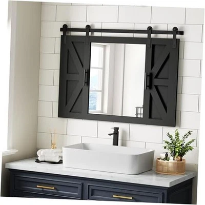  Farmhouse Barn Door Mirror - 37" x 26" Rustic Wood Framed 26"L x 37"W Black - Image 1 of 4