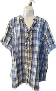 Lane Bryant 100% Cotton 22/24W Button Front Smock Top Ruffle Blue White Plaid - Picture 1 of 7