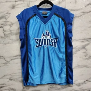 Nike Swoosh Jersey Youth Size 8 Shiny Blue Tones Embroidered Sleeveless Shirt - Picture 1 of 9