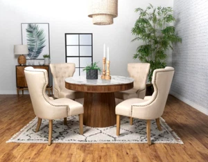 46" ROUND WHITE MARBLE & MANGO DINING TABLE BEIGE FABRIC CHAIRS FURNITURE SET - Picture 1 of 17