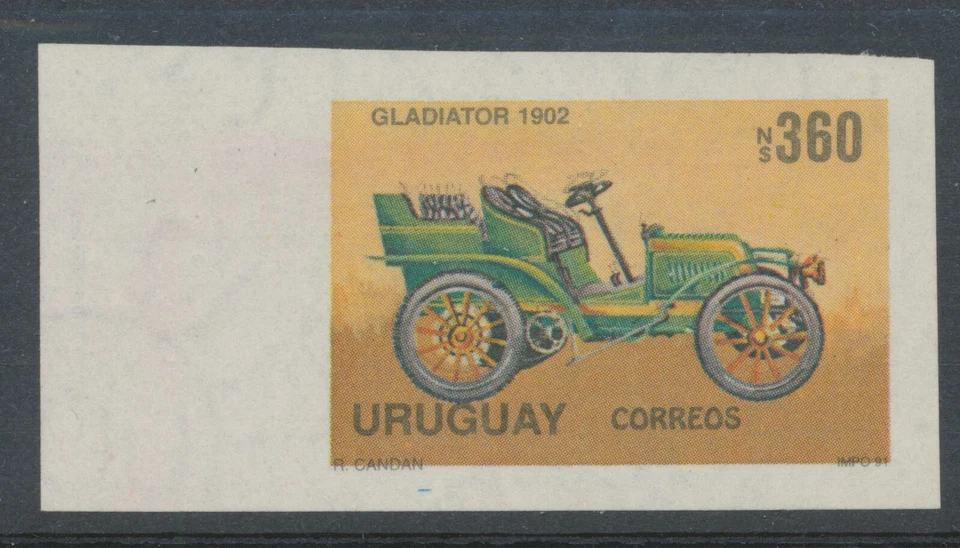 URUGUAY 1991, oldtimer 360 NP Gladiator (1902), MAJOR VARIETY: IMPERFORATED - Image 1 of 2