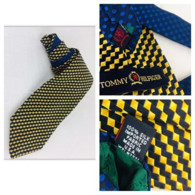 Corbata vintage Tommy Hilfiger para hombre azul amarillo Chevron Deadstock escudo seda EE. UU. Foto 1 de 4