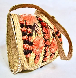 Vintage Handmade Tropical Orange Raffia Flower Braided Straw Shoulder Bag Purse - Picture 1 of 9