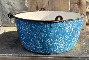 Antique Enamel Bucket Blue & White Swirl Berlin Kettle Pail 12x6” Early 20th - Picture 1 of 23