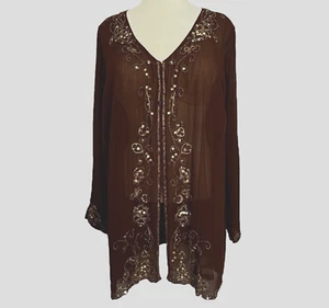 Susan Graver Bluse Gr. 1X schokobraun Perlen transparent Lg Slv Hakenverschluss - Bild 1 von 17