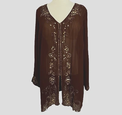 Susan Graver Blouse Sz 1X Chocolate Brown Beaded Sheer Lg Slv Hook & Eye Closure - Image 1 of 4