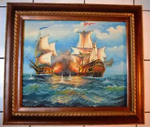GALEON CLIP LUCHA BARCO DE GUERRA PINTADO A MANO 20X24" PINTURA AL ÓLEO DECORACIÓN ARTE REGALO A2 - Imagen 1 de 3