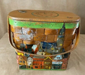 Scatola vintage borsa dipinta a mano villa case orologio ape borsello legno metà secolo - Foto 1 di 11