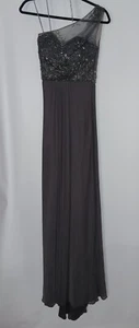La Femme Dress Gunmetal Grey Beaded One Shoulder Mesh & Jersey Ball Gown Size 0 - Picture 1 of 16