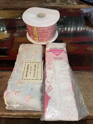 Vintage Pink Crushed Velvet Wired Ribbon 2.5” X 10yds + B&G Lace 2yds Trim 1yd - Image 1 of 4