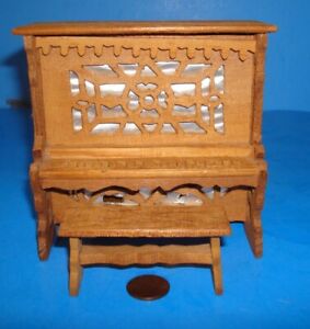 Vtg Germany Miniature Dollhouse Upright Fretwork Wooden Piano + Bench 1" Scale
