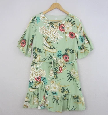 Indikah Dress Womens 10 Small Medium Green Red Beige Floral Ruffle Belt Boho - image 1 of 4