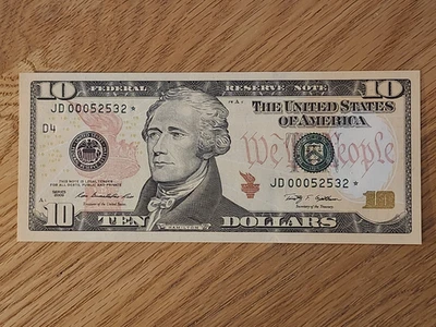 2009 A $10 "STAR NOTE" GEM/UNC CLEVLAND JD00052532* 000 START 2 OF 3 CONS SERIAL - Image 1 of 4