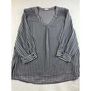 Talbots Woman Gingham Check V Neck Smocked Blouse Shirt Top Black White Size 1X - Picture 1 of 8