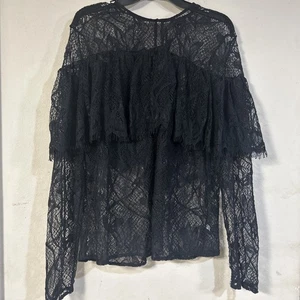Neu mit Etikett Who What Wear schwarz transparente Spitze L/S Rüschen Lagenlook Shirt Top Bluse XL - Bild 1 von 6