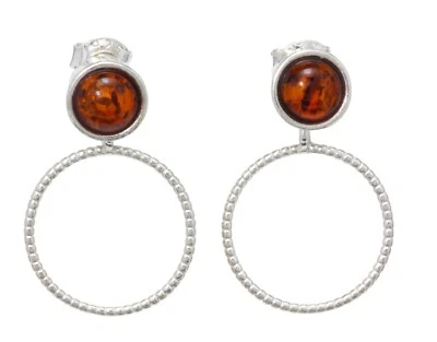 PENDIENTES NATURALES ÁMBAR BÁLTICO PLATA ESTERLINA 925 Círculo Colgante Caída y CAJA Foto 1 de 4