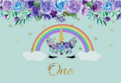 UNICORNIO VERDE ARCO IRIS FLORES PERSONALIZADO FIESTA CUMPLEAÑOS BANNER TELÓN DE FONDO Foto 1 de 3