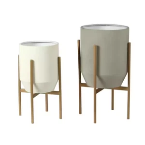 Round Gray and White Iron Planters and Gold Stand (2-Piece) - Picture 1 of 11