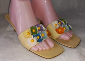 VTG FENDI FLORAL APPLIQUE LEATHER MULES HEES SANDALS SIZE 7.5 - Picture 1 of 14