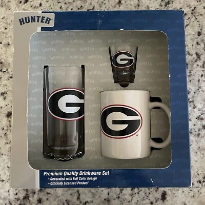 NWB Hunter UGA Bulldogs 3piece Team Logo Coffee Mug Beer Mug Shot Glass Set New  - Image 1 of 4