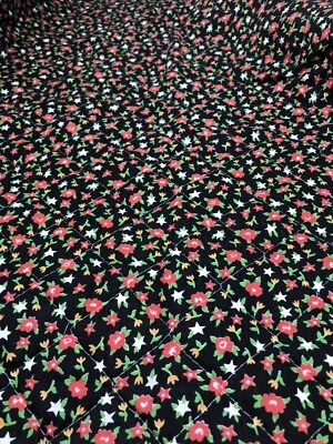 Vintage Black Quilted Calico Fabric Cotton 24" x 44" Flower Prairie Floral F52 - Image 1 of 4