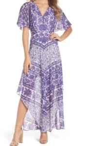 Adelyn Rae Womens V Neck Metallic Pinstripe Floral Maxi Dress White Purple Small - Picture 1 of 11