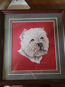 Counted Cross Stitch West Highland White Terrier Wood Framed Vtg Dog Wallhangin - Picture 1 of 5