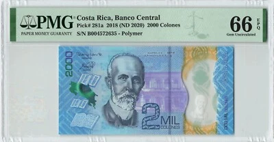 COSTA RICA 2000 Colones 2018 (2020), P-281a, Nota Polímero, PMG 66 EPQ Gem UNC Foto 1 de 2