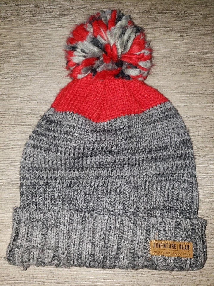 boys CARTERS KNIT WINTER BEANIE HAT gray red POMPOM size 2/4T ADVENTURE BEAR - Image 1 of 1