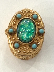 Florenza Stamped Vintage Gold Tone Blue Green Chunky Oval Box Pendant Trinket - Picture 1 of 13