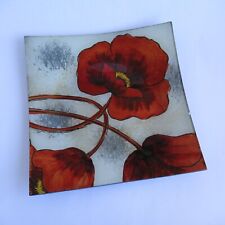 Red Poppy Square Painted Glass Dish 24cm x 24cm Large (Bowl Plate Oddment)