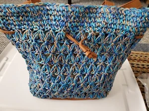 Blue Woven Straw Cinch Close Bucket Bag Women's Shoulder Bag Summer - Picture 1 of 2