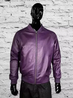 Jaqueta bombardeiro masculina roxa pele de cordeiro jaqueta de couro real genuína feita à mão elegante - Imagem 1 de 4