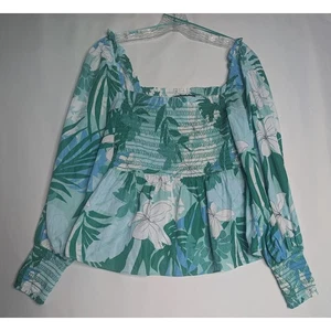 BOSTON PROPER Palm Print Isabela Smocked Peplum Blouse green blue size Medium - Picture 1 of 7