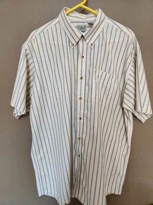 LL Bean Mens 100% Cotton Button Sz XL Yellow With Blue Stripe Short Sleeve Shirt - Image 1 of 4