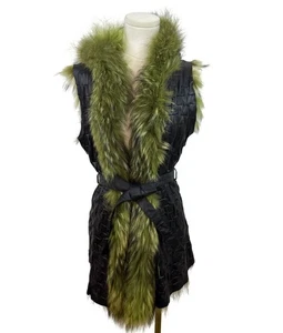 Green Fur & Black Leather Hooded Waistcoat Vest With Belt - Picture 1 of 9