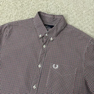 Fred Perry Hemd Herren Medium Rot Blau Weiß Button Down Kariert Kurzarm - Bild 1 von 13