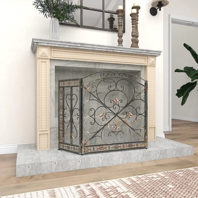 Metal Scroll Fireplace Screen Foldable Arched 3 Panel with Fleur De Lis Accents, - Image 1 of 4