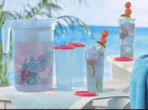 Tupperware 1 Gal Pitcher Infuser, 4 - 16Oz Tumblers w/ Lids Treasures Of The Sea - Picture 1 of 8