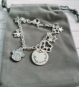Dog/cat paw memorial silver plated bracelet always in my heart and gift bag - Bild 1 von 1