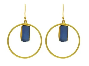 Handmade Brand New 18K Gold Plated Hoop Earrings With Blue Chalcedony Gem Stone - Picture 1 of 3