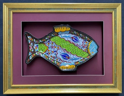 Handmade Tulip Green 3D Fish Design Wall Gold Color Framed Ceramic Tile 17''x23" Cover