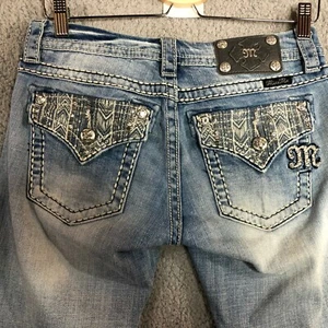 Miss Me Jeans 27 Signature Cropped Distressed Flap Pocket Bling Rhinestones - Picture 1 of 12