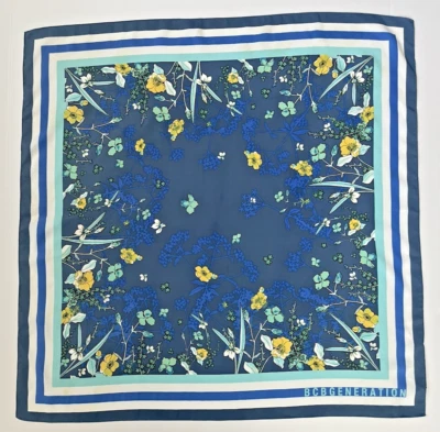 Bufanda BCBG Generation 25" Cuadrada Azul Amarillo Floral Borde a Rayas Poliéster Foto 1 de 4