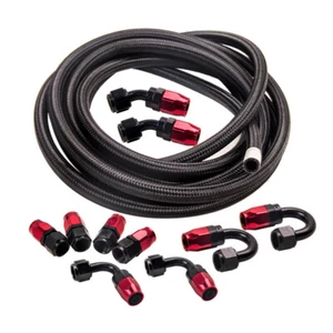 AN8 Fuel Hose Kit 16.4FT Nylon Braided Line Multi-Angle Fitting Set Black Red - Picture 1 of 12